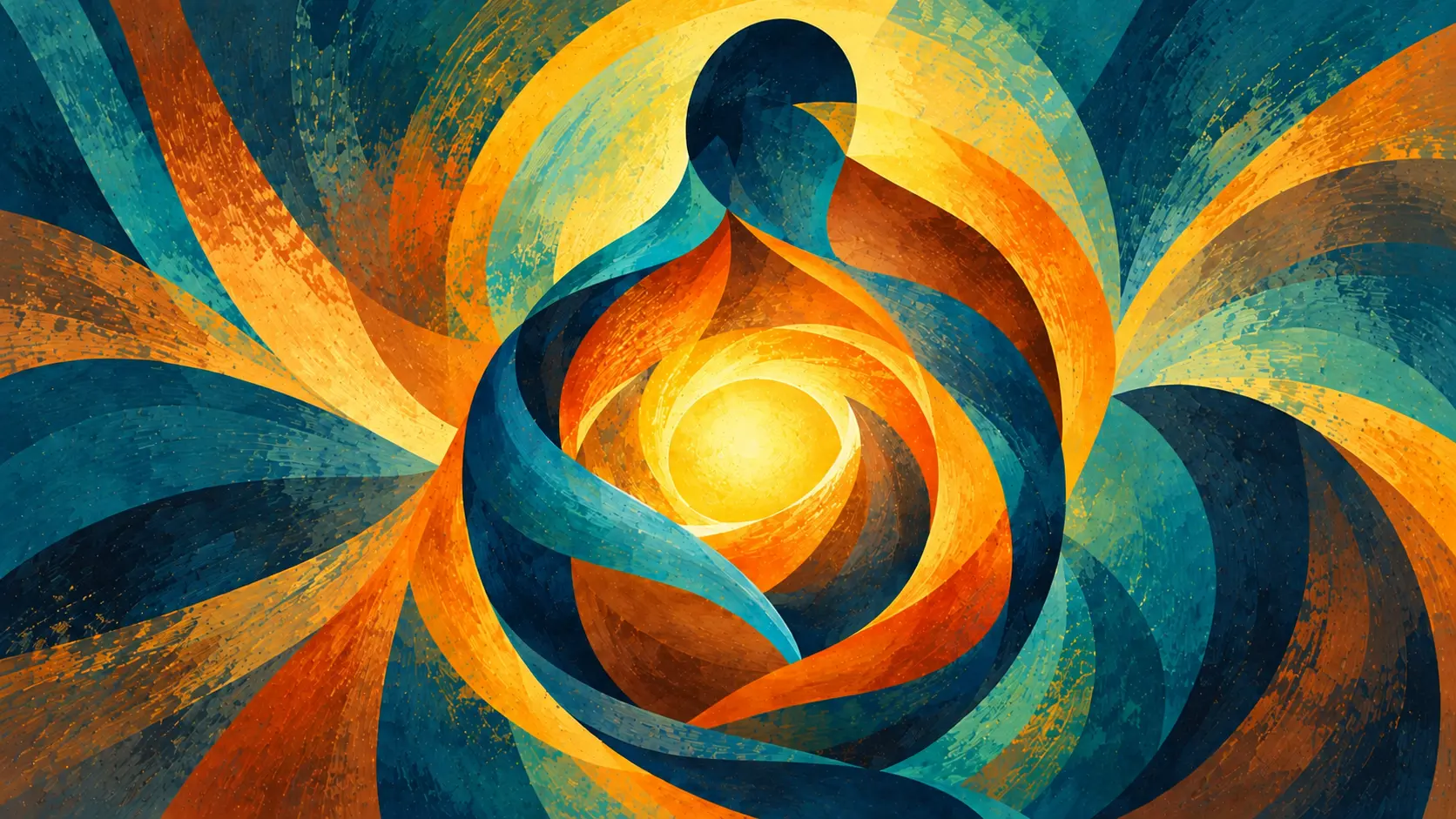 Abstract painting of a woman’s silhouette in swirling teal, orange and gold, glowing at the centre